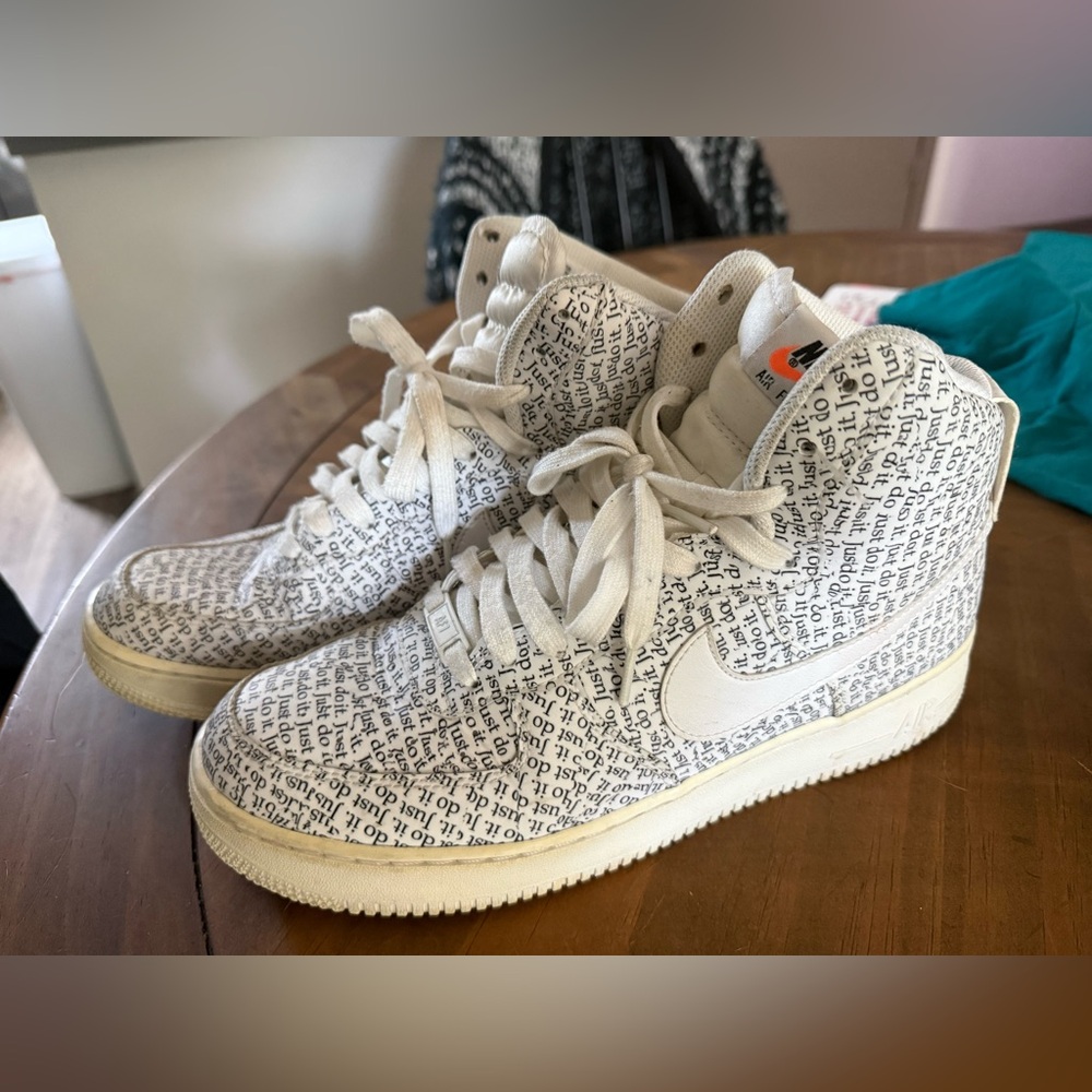 Nike White and Black Text Air Force High-Tops